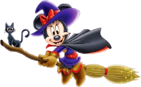 Minnie Mouse Witch Flying Broom with Black Cat PNG