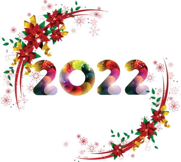 Colorful 2022 New Year Poinsettia Wreath PNG