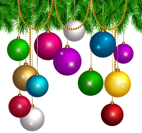 Colorful Christmas Ornaments and Pine Branches PNG