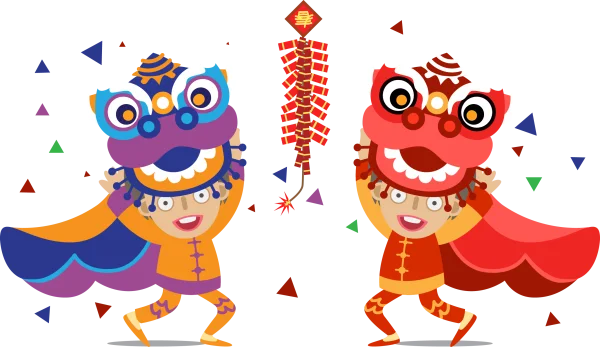 Chinese New Year Lion Dance Kids with Firecrackers PNG