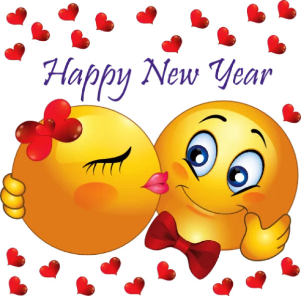 Happy New Year Kissing Emojis with Hearts PNG