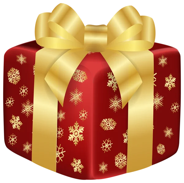 Red Christmas Gift Box with Gold Bow and Snowflakes PNG
