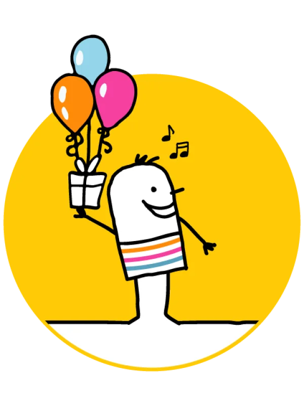 Festive Cartoon Character with Balloons and Gift PNG