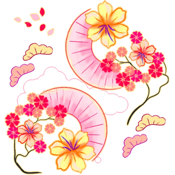 Japanese Floral Fan and Blossom Design PNG