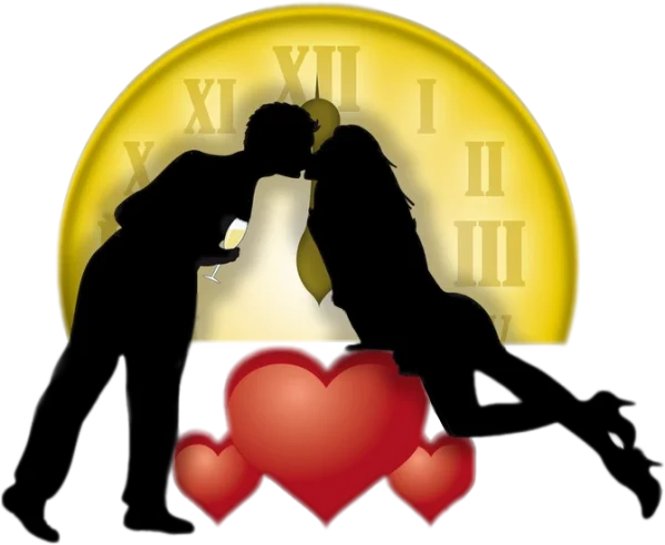 New Year's Eve Kiss with Clock and Hearts PNG