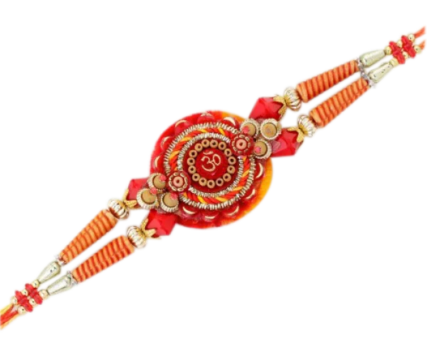 Traditional Red and Gold Rakhi with Om Symbol PNG