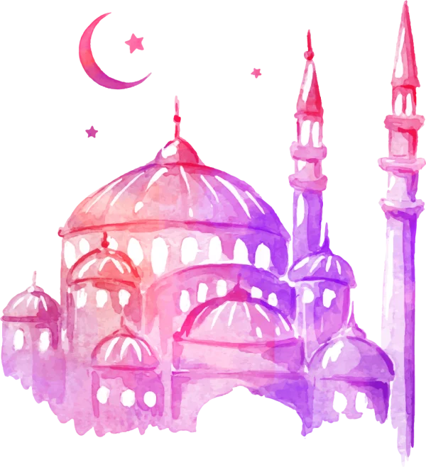 Watercolor Mosque with Crescent Moon PNG