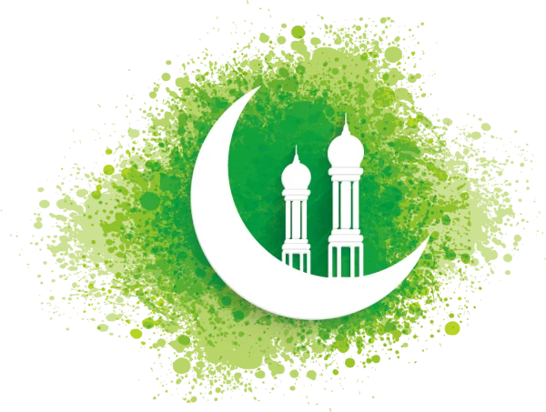 Islamic Crescent Moon and Minarets on Green Splatter Background PNG