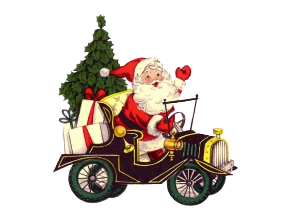 Santa Claus Driving Vintage Car with Christmas Tree PNG