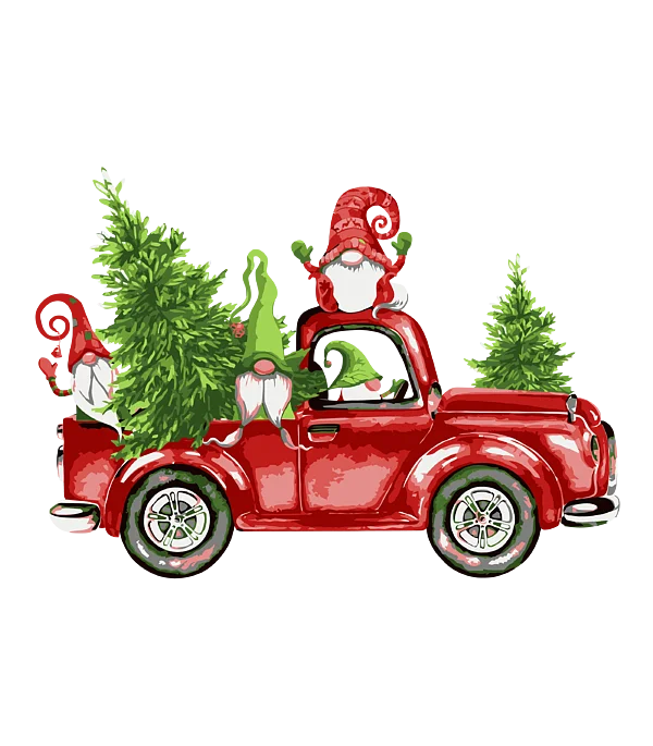 Christmas Gnomes and Trees in Red Truck PNG Transparent Background