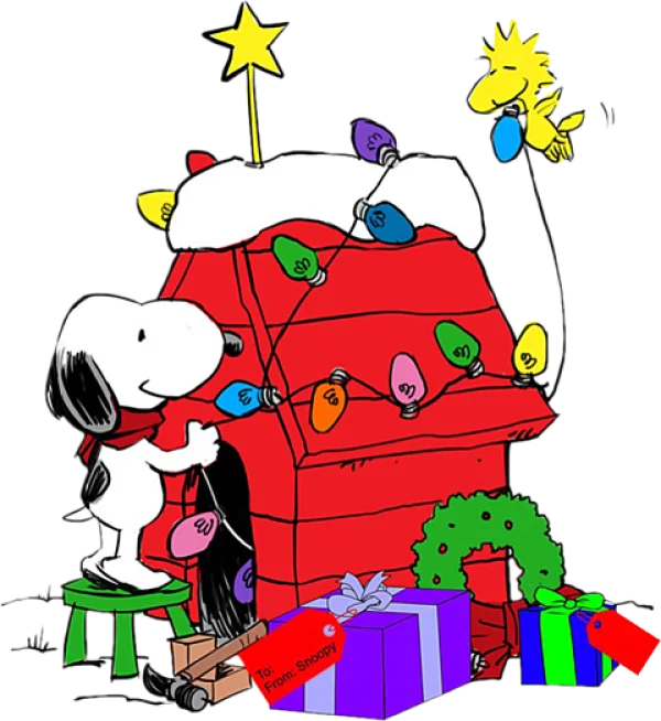 Snoopy and Woodstock Decorating Christmas Doghouse PNG