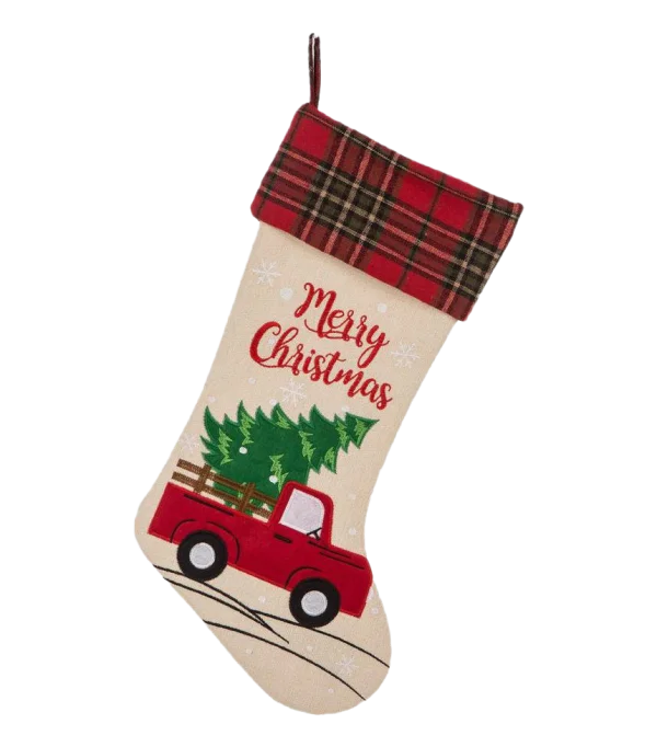 Christmas Stocking with Red Truck & Tree PNG Transparent Background
