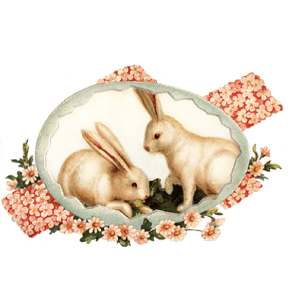 Vintage Easter Bunnies in Cracked Egg with Flowers PNG