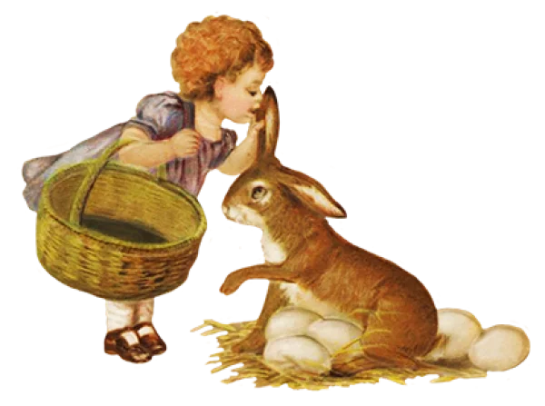 Vintage Child and Easter Bunny with Eggs PNG
