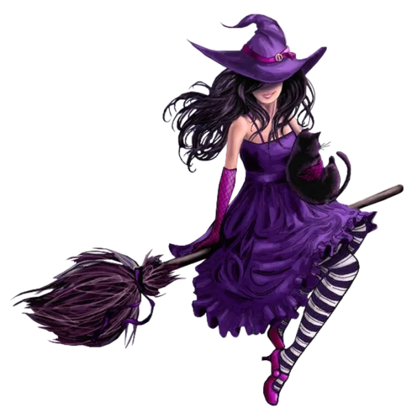 Cute Purple Witch Flying on Broom PNG