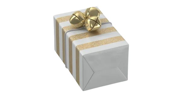 White Gift Box with Gold Glitter Stripes and Jingle Bells PNG