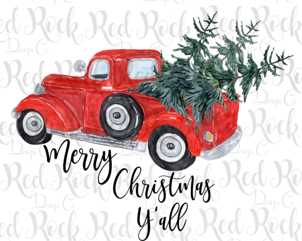 Watercolor Red Vintage Truck with Christmas Tree PNG