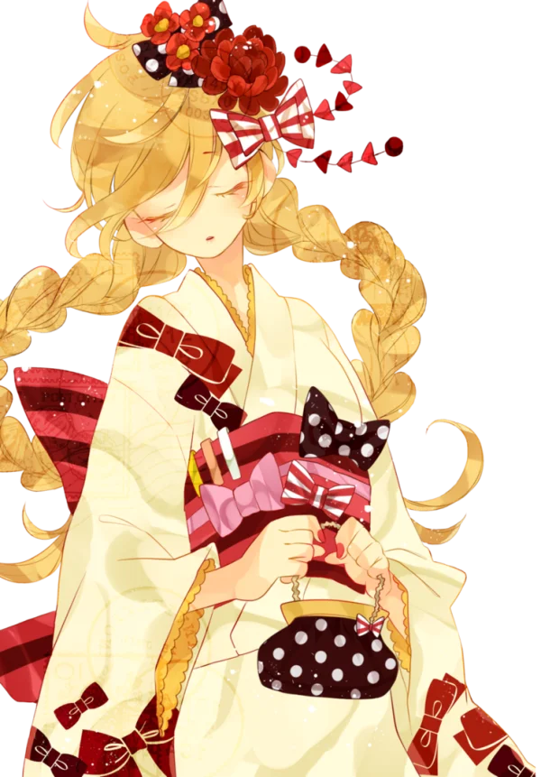 Anime Girl in Kimono with Flowers and Polka Dot Purse PNG