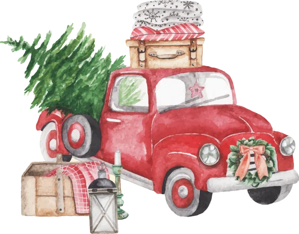Watercolor Red Christmas Truck with Tree PNG