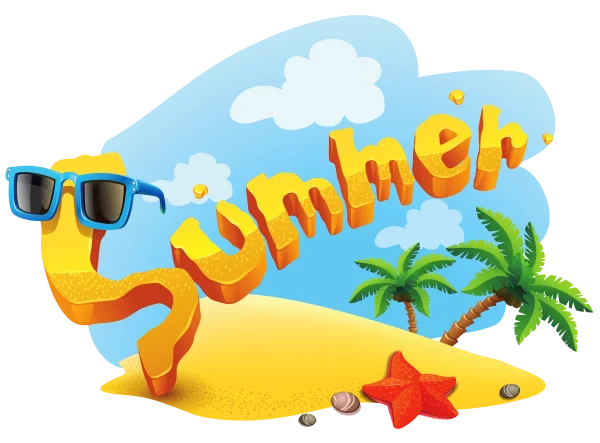 Colorful Summer Vacation Text with Beach Elements PNG