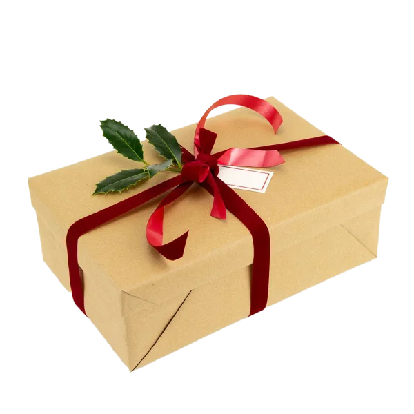 Brown Kraft Gift Box with Red Ribbon and Holly PNG