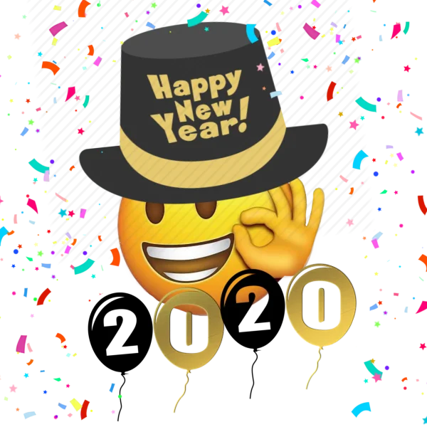 Happy New Year Emoji 2020 with Confetti and Balloons
