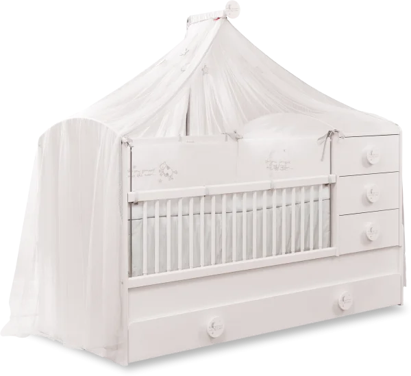 White Baby Crib with Canopy and Drawers PNG Transparent