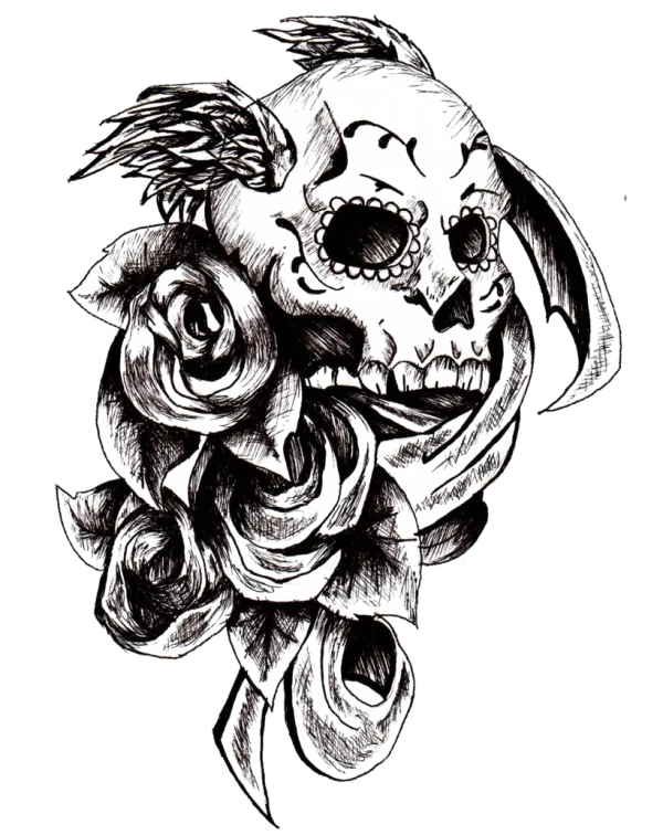 Sugar Skull with Roses and Wings Line Art PNG