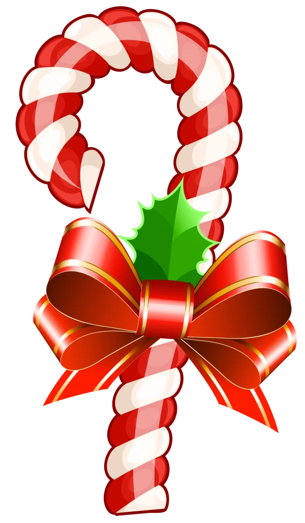 Christmas Candy Cane with Red Bow and Holly PNG