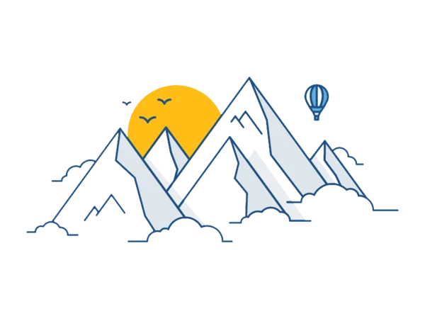 Stylized Mountain Landscape PNG with Sun and Hot Air Balloon