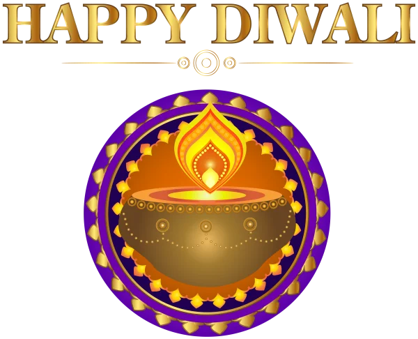 Happy Diwali Gold Text with Decorative Diya Lamp PNG