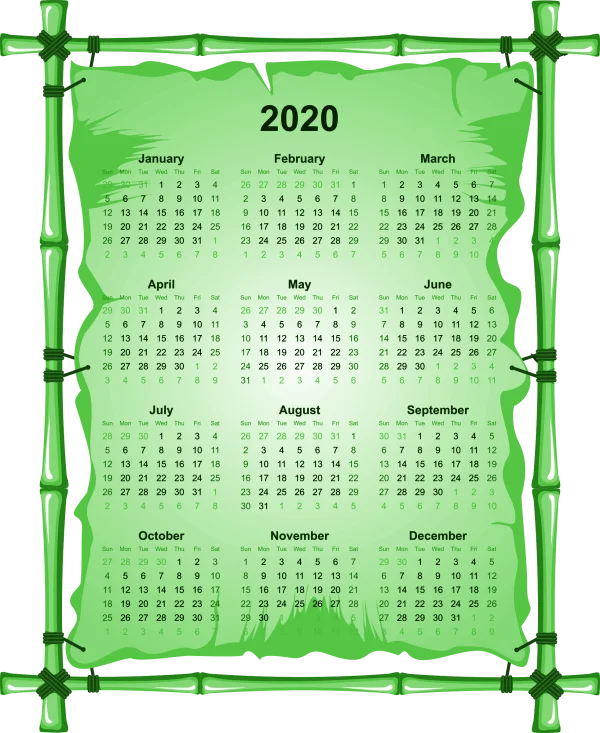 2020 Wall Calendar on Bamboo Frame PNG
