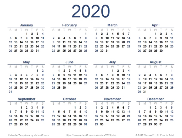 2020 Full Year Calendar PNG Transparent
