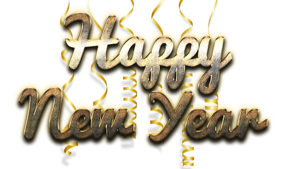 Happy New Year Glitter Text with Gold Ribbons PNG