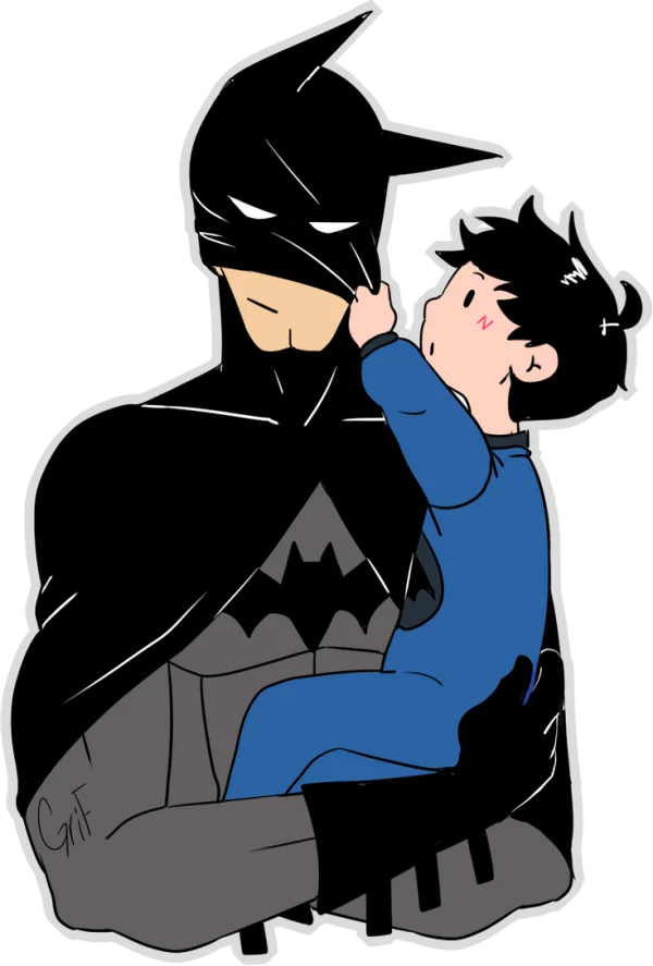 Cute Batman and Child Pulling Mask PNG Transparent