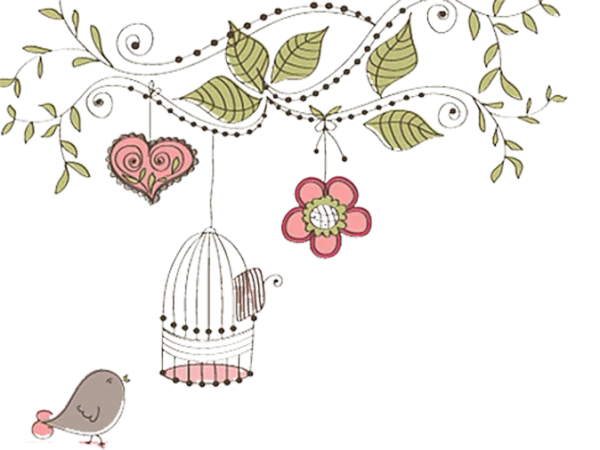 Decorative Branch with Hanging Heart, Flower, and Birdcage PNG