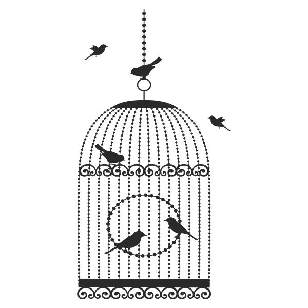 Ornate Birdcage and Flying Birds Silhouette PNG
