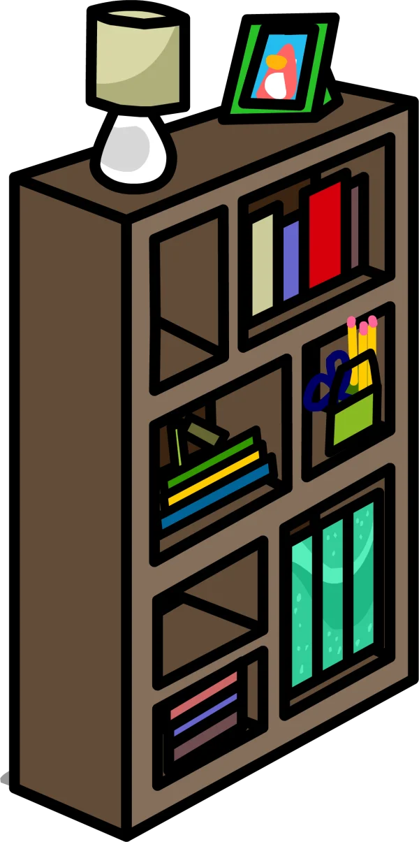 Cartoon Bookshelf with Books and Lamp PNG Transparent Background