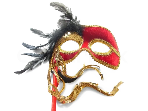 Red Venetian Masquerade Mask with Feathers PNG