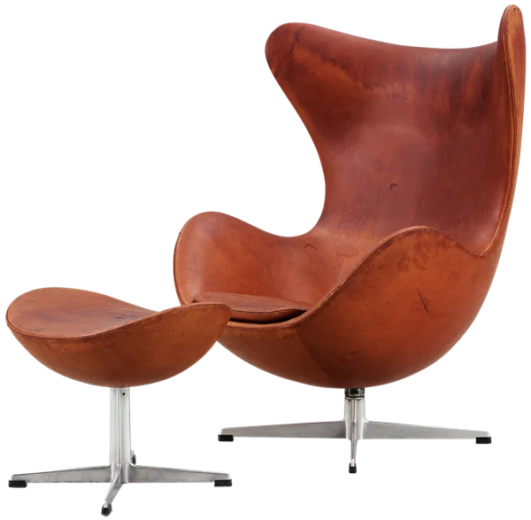 Brown Leather Egg Chair with Ottoman PNG