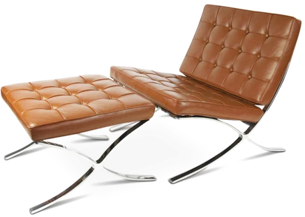 Brown Leather Barcelona Chair and Ottoman PNG