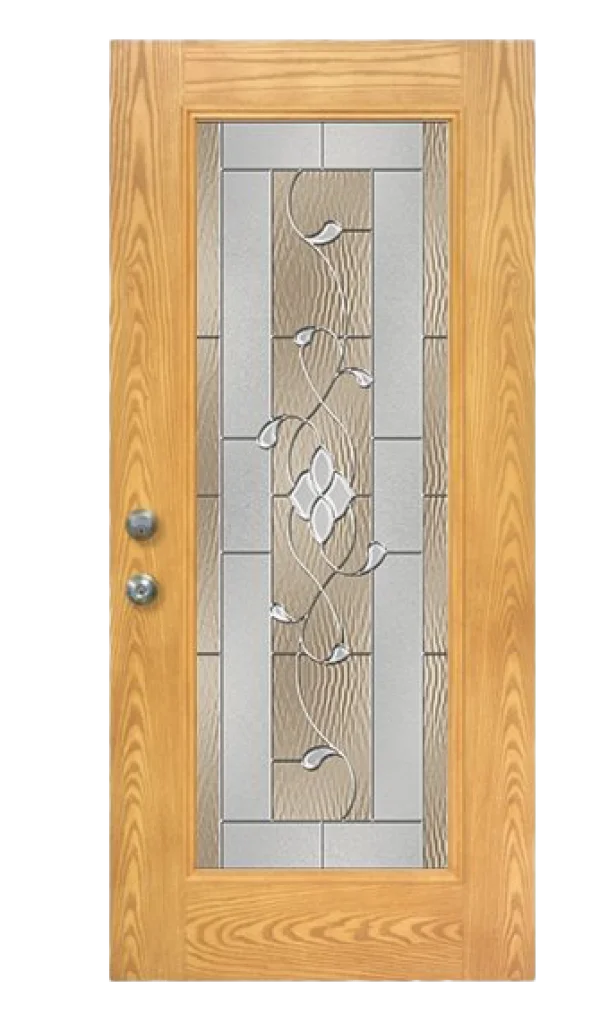 Elegant Wooden Door with Stained Glass Panel PNG