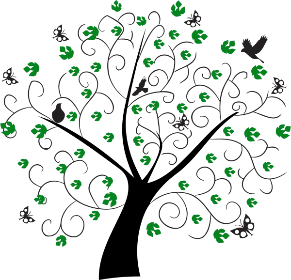Decorative Vine with Leaves, Butterflies, Bird, and Pear PNG