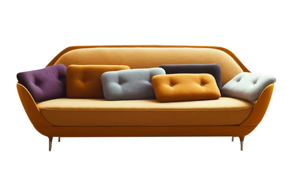 Modern Yellow Sofa with Colorful Cushions PNG Transparent
