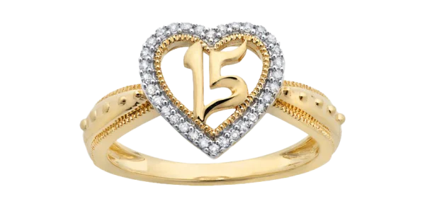 Gold Heart 15 Quinceañera Ring PNG Transparent Background