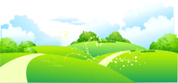 Cartoon Green Landscape with Path and Clouds PNG