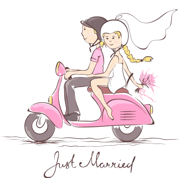 Just Married Couple on Pink Scooter PNG