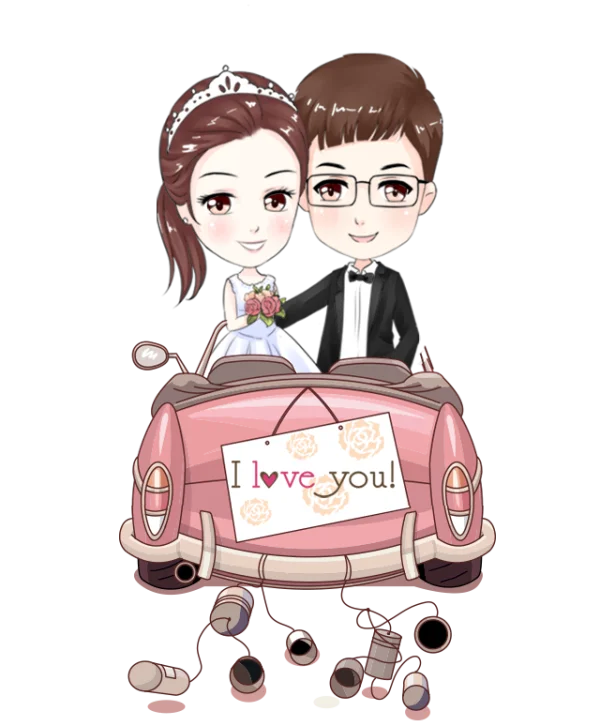 Cute Chibi Wedding Couple in Car PNG