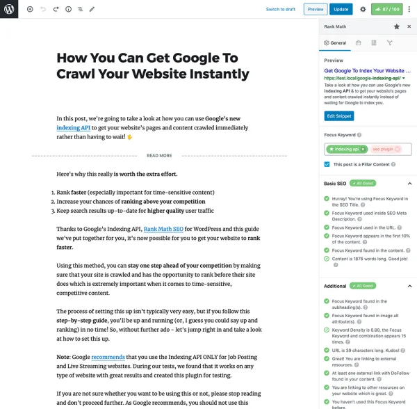 WordPress Post Editor with Rank Math SEO Plugin