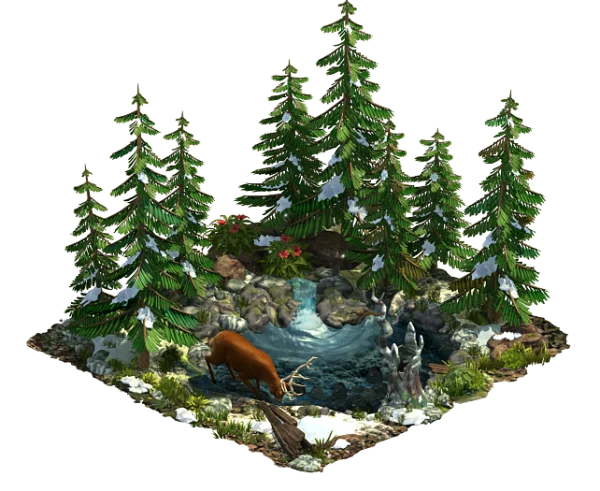 Winter Forest Scene with Deer and Waterfall PNG